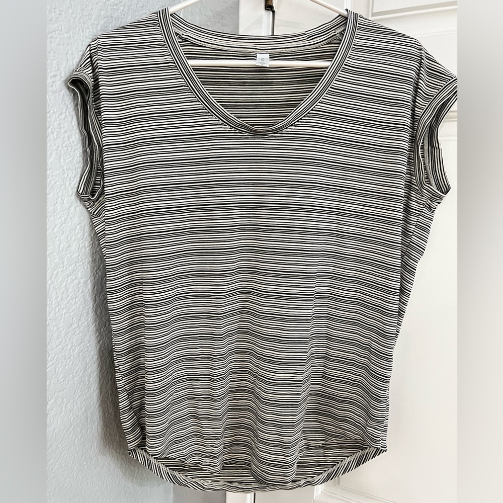 Athleta Black and White Striped Short Sleeve Tee